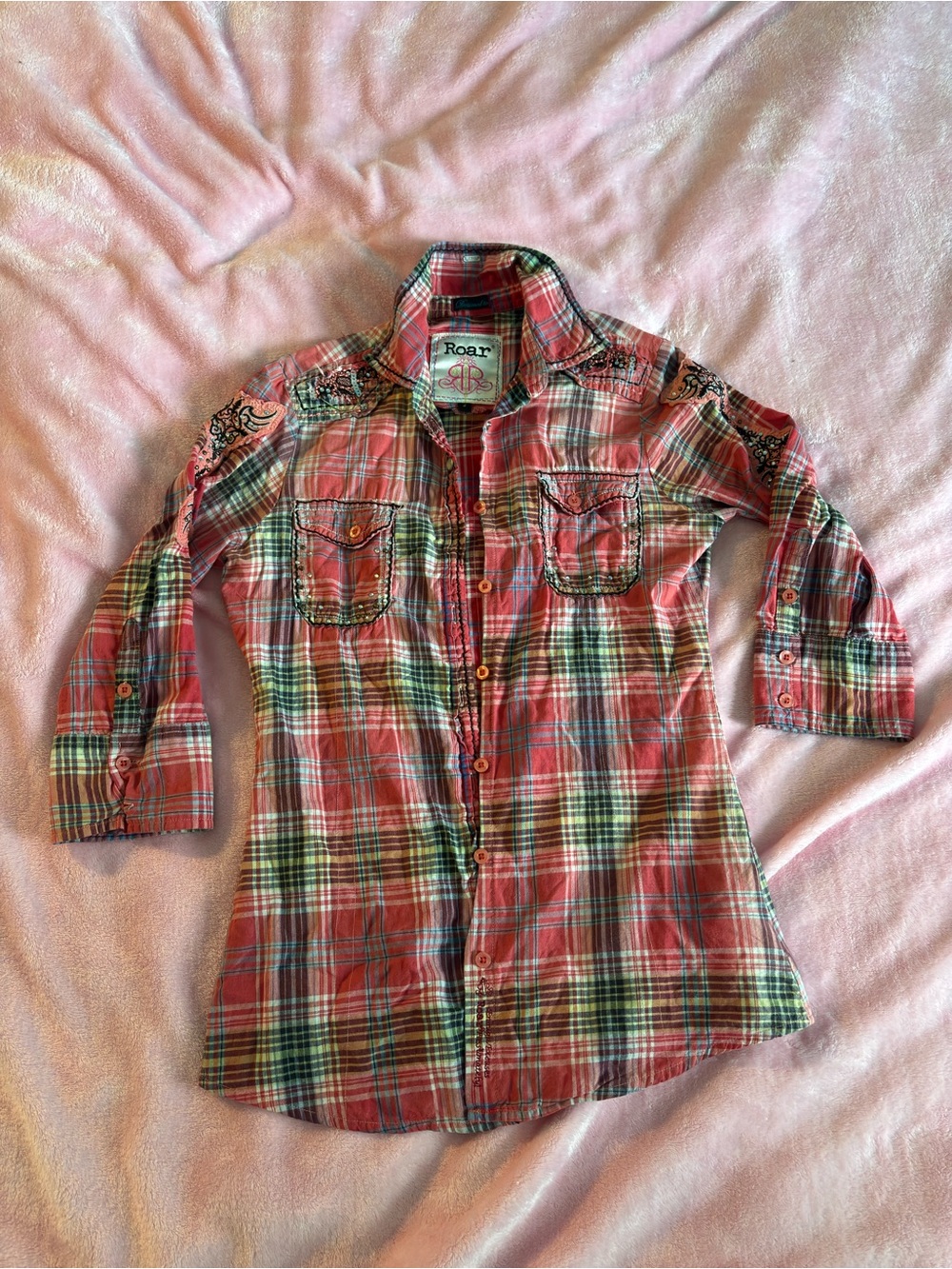 Roar Red Plaid Flannel Elbow Sleeve Button-Down Rhinestones Shirt Small